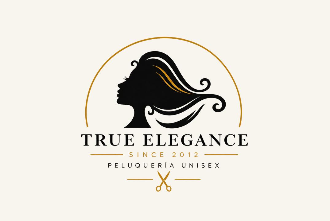 Logo de True Elegance: silueta de mujer dentro de un arco dorado, con el texto True Elegance, Since 2012, Peluquería Unisex